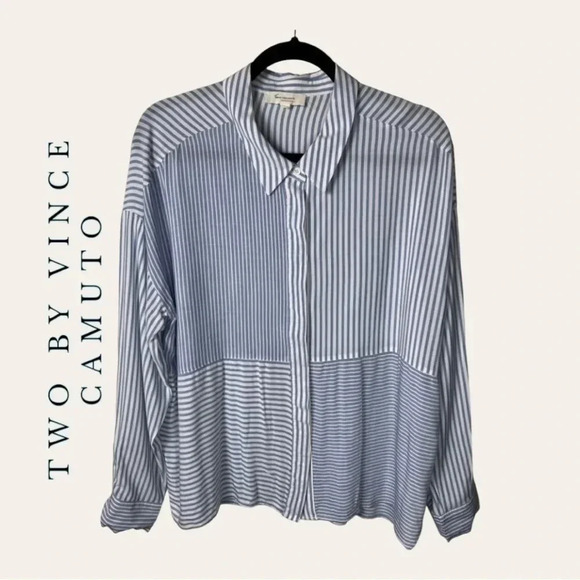 0905. TWO BY VINCE‎ CAMUTO STRIPE BUTTON DOWN TOP COLLAR SIZE LARGE - Picture 1 of 9